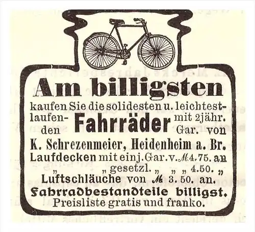 original Werbung - 1904 -K. Schrezenmeier in Heidenheim a. Brenz , Fahrräder , Fahrrad , bicycle !!