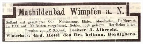 original Werbung - 1904 - Mathildenbad Wimpfen a.N., Soolbad , Kur , Arzt , Apotheke !!!
