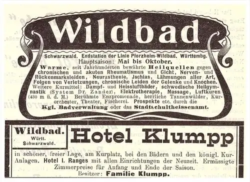 original Werbung - 1904 - Wildbad i. Schwarzw., Pforzheim , Hotel Klumpp , Heilanstalt , Arzt , Apotheke !!!