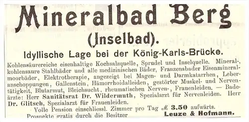 original Werbung - 1904 - Mineralbad Berg , Inselbad , Stuttgart , Dr. Wildermuth , Kur , Arzt , Apotheke !!!