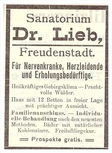 original Werbung - 1904 - Sanatorium Dr. Lieb in Freudenstadt , Kur , Arzt , Apotheke !!!