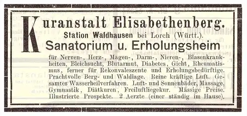 original Werbung - 1904 - Sanatorium Elisabethenberg , Waldhausen b. Lorch , Kur , Arzt , Apotheke !!!