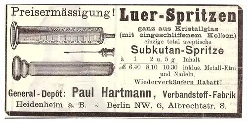 original Werbung - 1904 - Luer - Spritze Hartmann  , Erste Hilfe , First Aid , Heidenheim a. Brenz , Arzt , Apotheke !!!