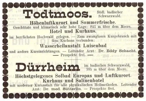 original Werbung - 1904 - Solbad Dürrheim und Todtmoos , Dr. Sütterlin , Kur , Arzt , Apotheke !!!