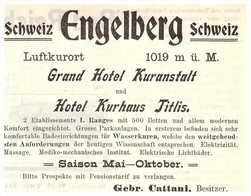 original Werbung - 1904 - Engelberg , Schweiz , Hotel und Kurhaus , Kur , Gebr. Cattani !!!