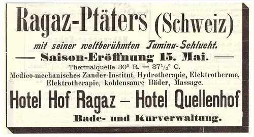 original Werbung - 1904 - Ragaz - Pfäfers , Schweiz , Hotel , Kur , Arzt , Apotheke !!!