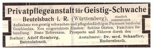 original Werbung - 1904 - Pflegeanstalt Beutelsbach b. Weinstadt , Kur , Heilanstalt , Arzt , Apotheke !