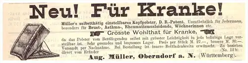 original Werbung -1899 - August Müller in Oberndorf a.N. , Polster für Wöchnerin , Kur , Arzt , Apotheke