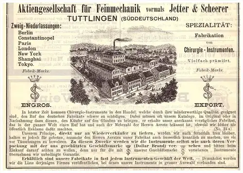 original Werbung -1899 - Jetter & Scheerer in Tuttlingen , Chirurgie - Instrumente , Arztbesteck , Kur , Arzt , Apotheke