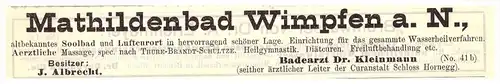 original Werbung - 1899 - Mathildenbad Wimpfen a.N., Soolbad , Kur , Arzt , Apotheke !!!