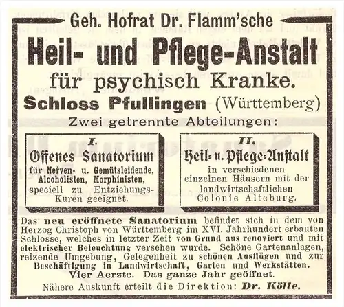 original Werbung - 1899 - Heilanstalt in Pfullingen , Geh. Hofrat Dr. Flamm , Arzt , Apotheke !!!