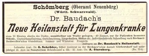original Werbung - 1899 - Heilanstalt Schömberg b. Neuenbürg i. Schwarzwald , Dr. Baudach , Arzt , Apotheke !!!