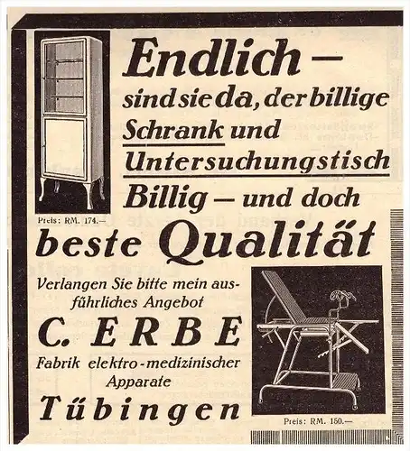 original Werbung - 1929 - C. Erbe in Tübingen , medizinische Apparate ,  Arzt , Kur , Krankenhaus , Apotheke !!