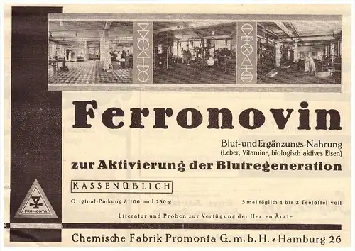 original Werbung - 1929 , Ferronovin , Promonta Fabrik Hamburg , Arzt , Kur , Krankenhaus , Apotheke !!!
