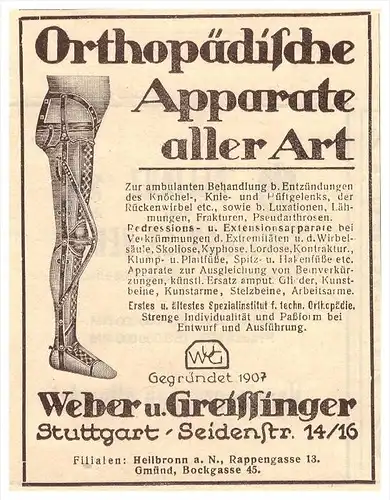 original Werbung - 1929 - Weber & Greissinger , Orthopädie - Anstalt , Sanitätshaus , Stuttgart , Arzt , Apotheke !!!