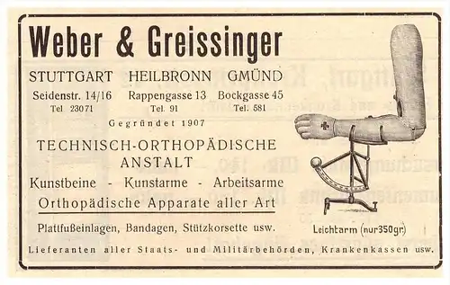 original Werbung - 1929 - Weber & Greissinger , Orthopädie - Anstalt , Heilbronn , Sanitätshaus , Reha , Arzt , Apotheke