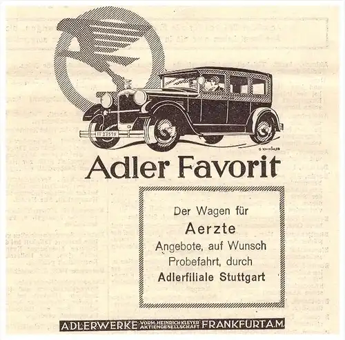 original Werbung - 1929 - ADLER Favorit - Krankenwagen , Arzt , Oldtimer !!