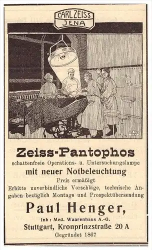 original Werbung - 1929 - Carl Zeiss Jena , Pantophos für Operation , Paul Henger in Stuttgart , Arzt , Apotheke !!!