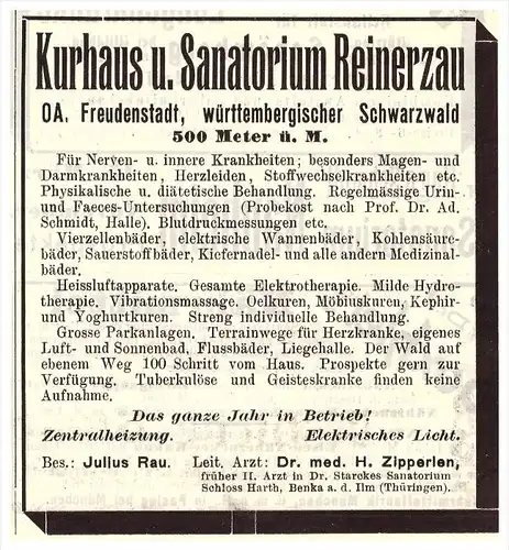 original Werbung - 1911 - Reinerzau - Alpirsbach , Freudenstadt , Dr. H. Zipperlen , Dr. J. Rau , Arzt , Apotheke !!!