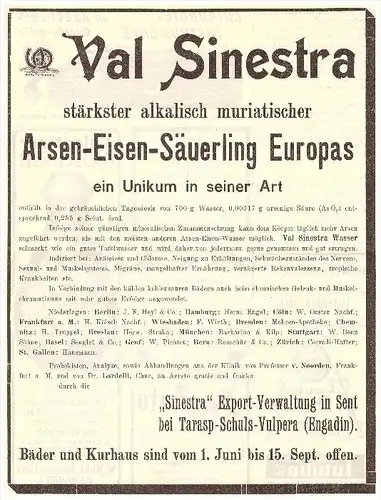 original Werbung - 1906 - Val Sinestra , Engadin , Kurhaus , Kur , Arzt , Apotheke !!!