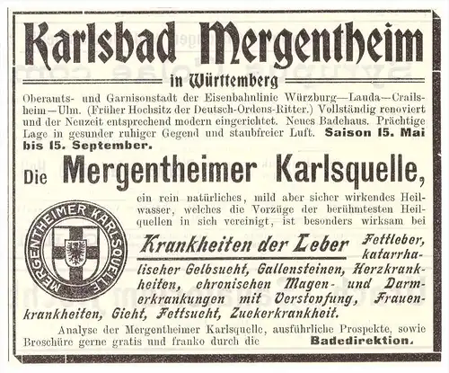 original Werbung - 1891 - Bad Mergentheim a.d. Tauber , Karlsquelle , Diät , Kur , Arzt , Apotheke  !!!