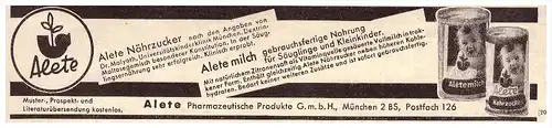 original Werbung - 1935 - ALETE Milch , Babynahrung , München , Arzt , Apotheke !!!