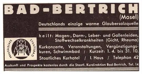 original Werbung - 1935 - Bad Bertrich a. Mosel , Salzquelle , Kur , Arzt , Apotheke , Krankenhaus !!!