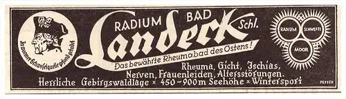 original Werbung - 1935 - Radium Bad Landeck i. Schl. /  Ladek Zdroj , Arzt , Apotheke , Krankenhaus !!!