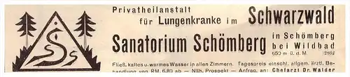 original Werbung - 1935 - Sanatorium Schömberg i. Schwarzwald , Wildbad , Heilanstalt , Arzt , Apotheke !!!