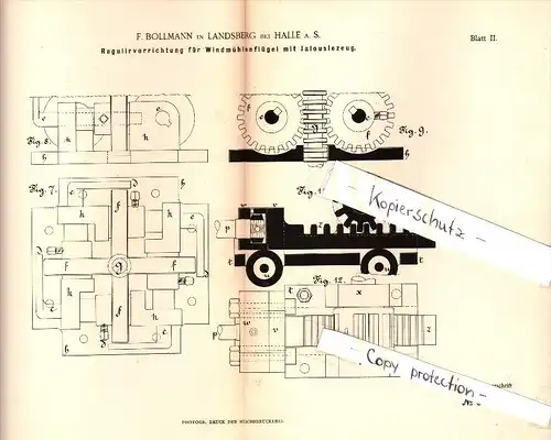 Original Patent - F. Bollmann in Landsberg b. Halle a.S. , 1885 , Regulierung für Windmühlenflügel , Windmühle !!!