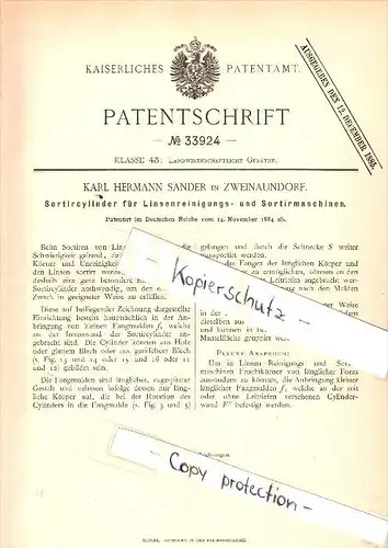 Original Patent - K. Sander in Zweinaundorf b. Mölkau , 1884 , Cylinder für Sortiermaschine , Leipzig , Linsen !!!