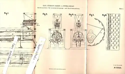 Original Patent - K. Sander in Zweinaundorf b. Mölkau , 1884 , Cylinder für Sortiermaschine , Leipzig , Linsen !!!