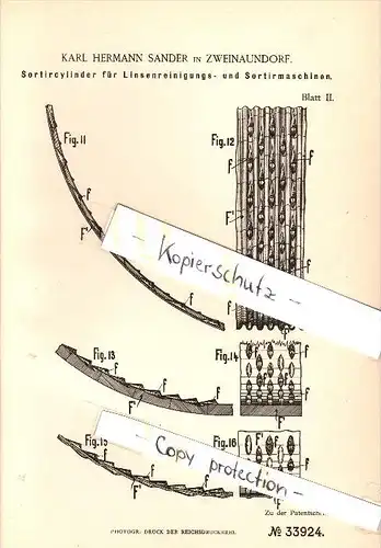 Original Patent - K. Sander in Zweinaundorf b. Mölkau , 1884 , Cylinder für Sortiermaschine , Leipzig , Linsen !!!