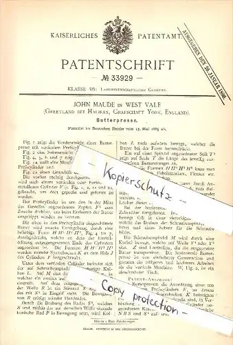 Original Patent - John Maude in West Vale , 1885 , butter Press ,  Greetland b. Halifax !!!