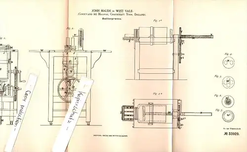 Original Patent - John Maude in West Vale , 1885 , butter Press ,  Greetland b. Halifax !!!