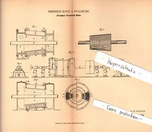 Original Patent - Friedrich Kurtz in Pfullingen , 1885 , Papier - Stoffmühle , Papierfabrik , Tübingen !!!