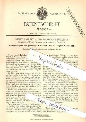 Original Patent - Henry Barrett in Charterhouse Buildings , Goswell Road , 1885 , Screw plugs of plastic material !!!