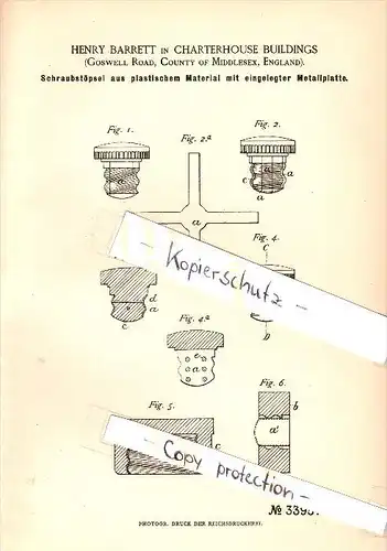 Original Patent - Henry Barrett in Charterhouse Buildings , Goswell Road , 1885 , Screw plugs of plastic material !!!