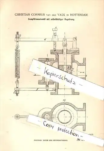 Original Patent - Christian Cornelis van der Valk in Rotterdam , 1885 , Drosselventil für Dampfmaschine !!!