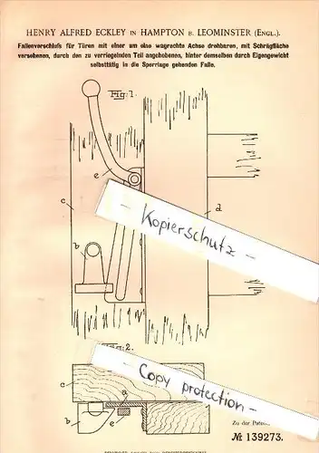 Original Patent - H.A. Eckley in Hampton b. Leominster , 1902 , Case lock for doors !!!