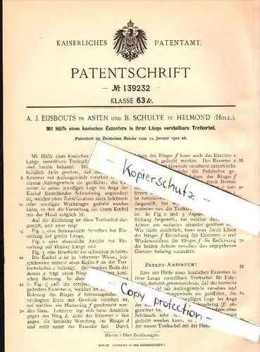 Original Patent - A.J. Eijsbouts in Asten und B. Schulte in Helmond , 1902 , Tretkurbel mit Excenter !!!