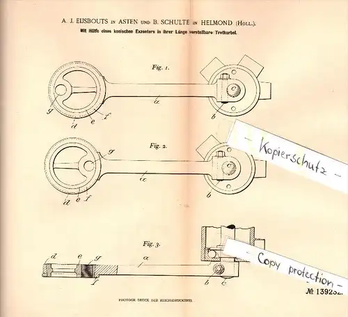 Original Patent - A.J. Eijsbouts in Asten und B. Schulte in Helmond , 1902 , Tretkurbel mit Excenter !!!
