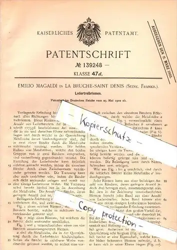 Original Patent - Emilio Magaldi à La Bruche - Saint Denis , 1902 , Courroie d'entraînement en cuir , Seine  !!!