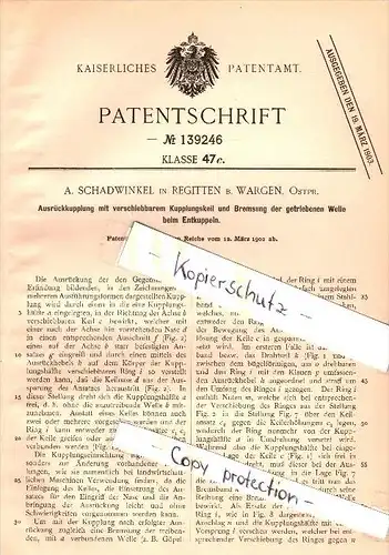 Original Patent - A. Schadwinkel in Regitten / Rogity b. Wargen , Ostpreussen , 1902 , Kupplung !!!