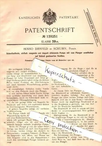 Original Patent - Benno Dierfeld in Schubin / Szubin , Posen , 1901 , doppelte Pumpe , Wasserpumpe !!!