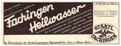 original Werbung - 1935 - Fachingen , Heilwasser , Wasser , Mineralwasser , Arzt , Apotheke !!