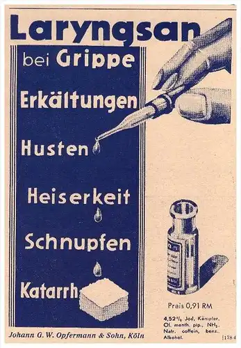 original Werbung - 1935 - J. Opfermann & Sohn in Köln , Laryngsan , Grippe , Arzt , Krankenhaus , Apotheke !!