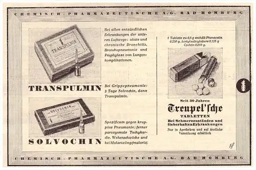 original Werbung - 1935 - TRANSPULMIN , Tabletten , Bad Homburg , Arzt , Apotheke !!