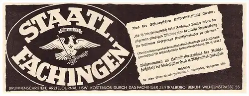 original Werbung - 1935 - Fachingen , Gott mit uns , Heilwasser , Wasser , Mineralwasser , Arzt , Apotheke !!