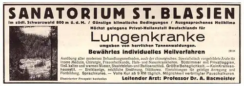 original Werbung - 1935 - Sanatorium St. Blasien , Heilanstalt , Dr. Bacmeister , Schwarzwald , Arzt , Apotheke !!!